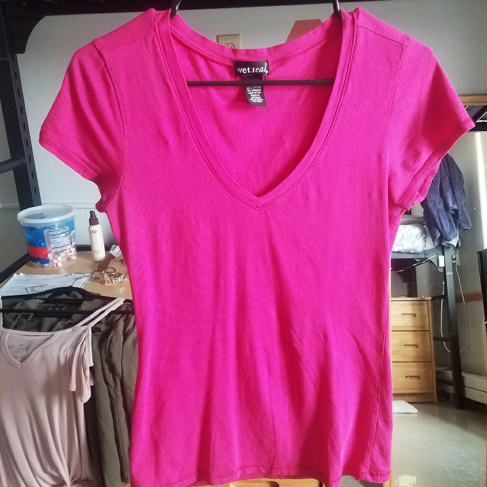 Hot Pink V Neck Tee